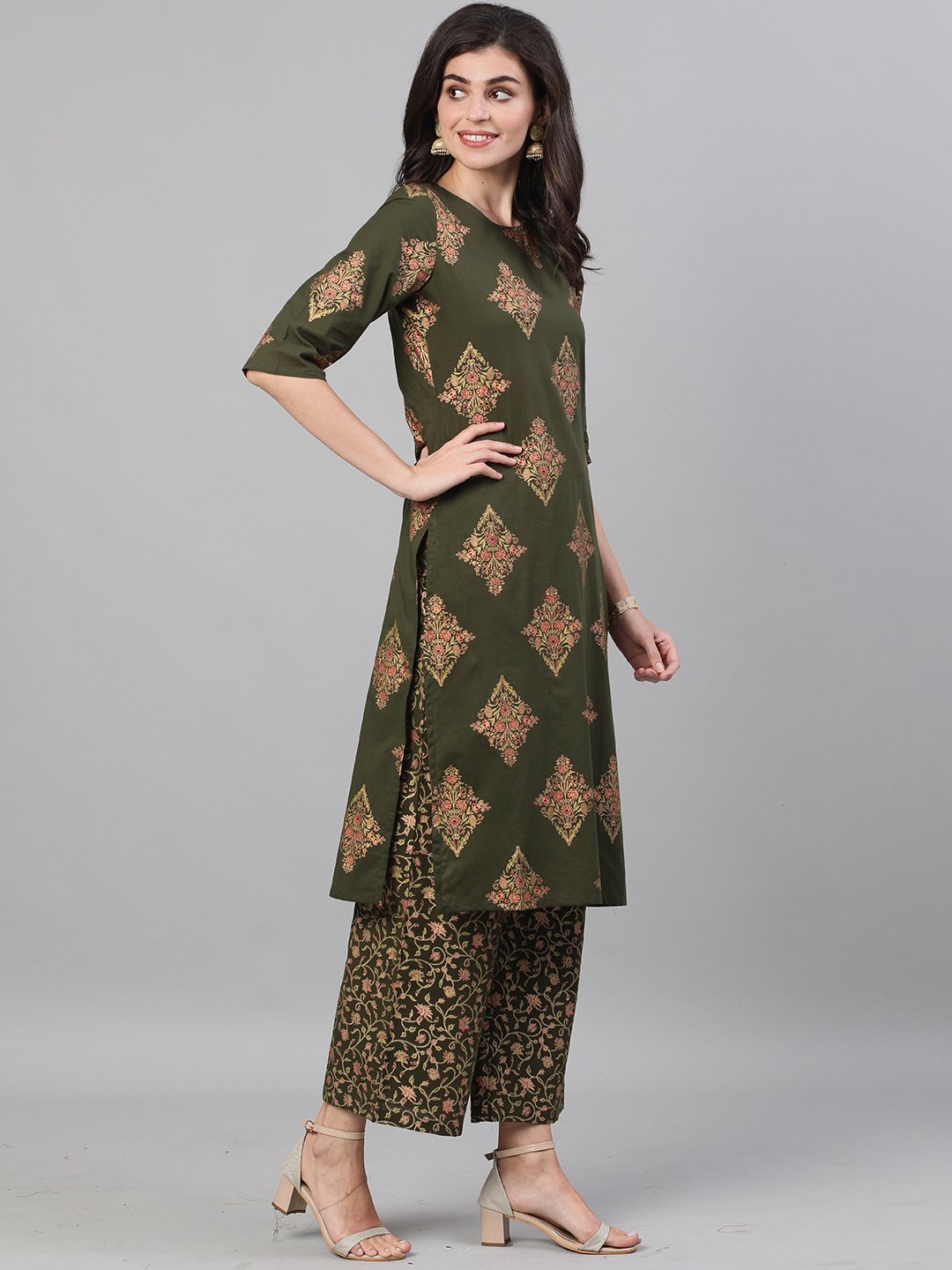 Women Mehendi Green And Pink Gold Printed Three-Quarter Sleeves Straight Kurta With Palazzo With Pockets And Face Mask | LASVINI - Redefining Indian Fashion with Elegance