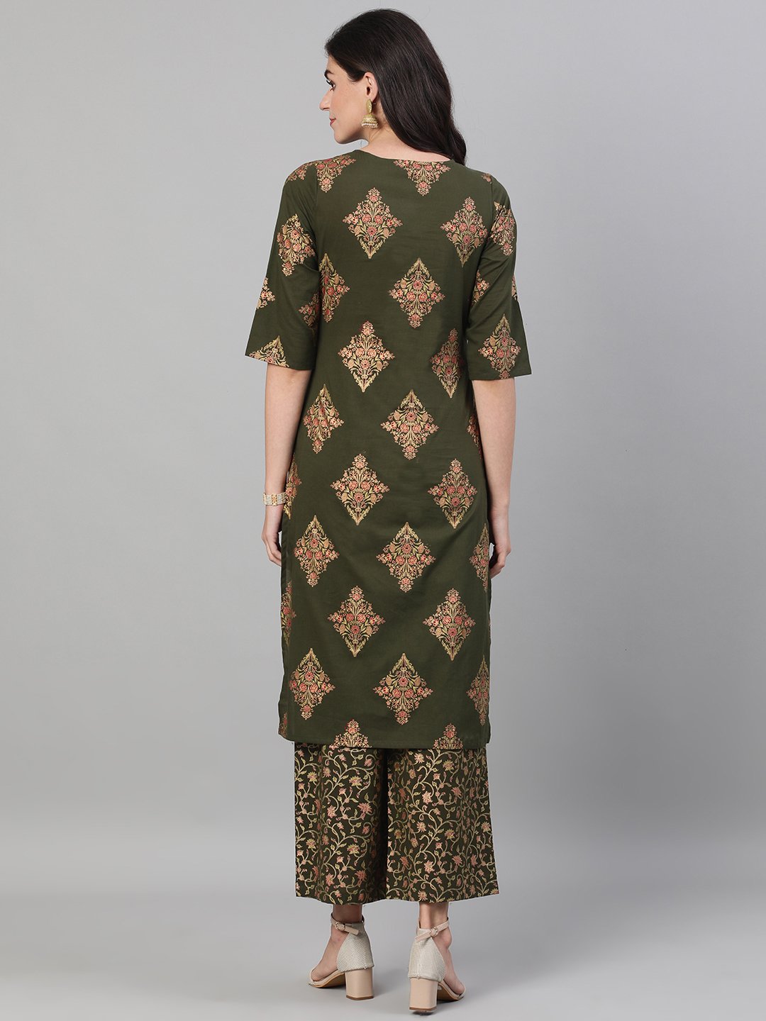 Women Mehendi Green And Pink Gold Printed Three-Quarter Sleeves Straight Kurta With Palazzo With Pockets And Face Mask | LASVINI - Redefining Indian Fashion with Elegance