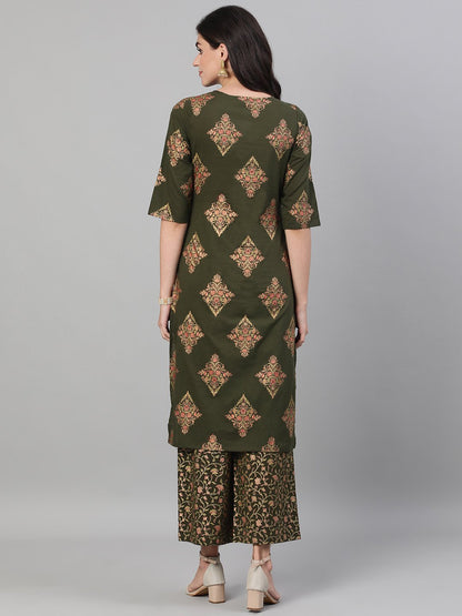 Women Mehendi Green And Pink Gold Printed Three-Quarter Sleeves Straight Kurta With Palazzo With Pockets And Face Mask | LASVINI - Redefining Indian Fashion with Elegance
