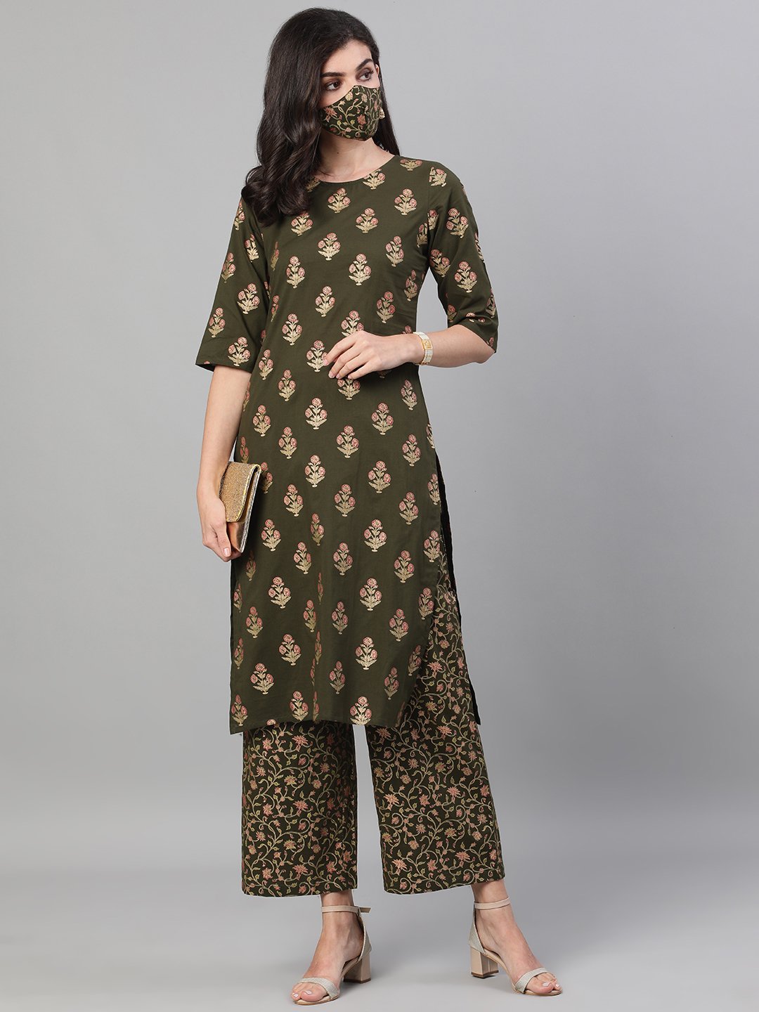 Women Mehendi Green And Pink Gold Printed Three-Quarter Sleeves Straight Kurta With Palazzo With Pockets And Face Mask | LASVINI - Redefining Indian Fashion with Elegance