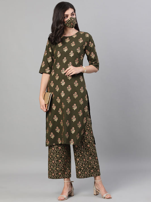Women Mehendi Green And Pink Gold Printed Three-Quarter Sleeves Straight Kurta With Palazzo With Pockets And Face Mask | LASVINI - Redefining Indian Fashion with Elegance