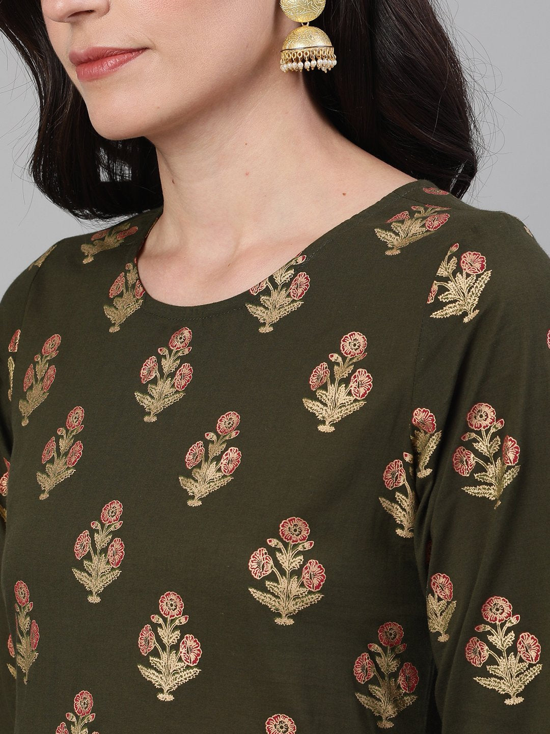 Women Mehendi Green And Pink Gold Printed Three-Quarter Sleeves Straight Kurta With Palazzo With Pockets And Face Mask | LASVINI - Redefining Indian Fashion with Elegance