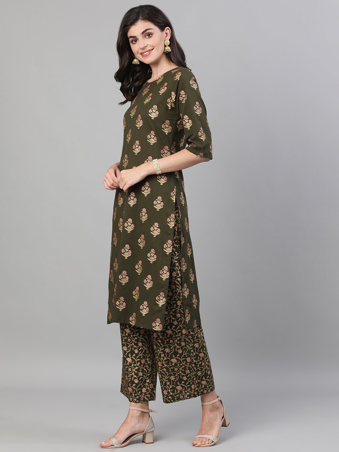 Women Mehendi Green And Pink Gold Printed Three-Quarter Sleeves Straight Kurta With Palazzo With Pockets And Face Mask | LASVINI - Redefining Indian Fashion with Elegance