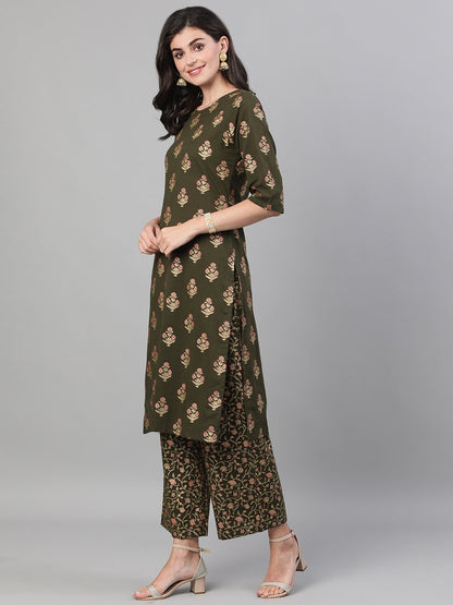 Women Mehendi Green And Pink Gold Printed Three-Quarter Sleeves Straight Kurta With Palazzo With Pockets And Face Mask | LASVINI - Redefining Indian Fashion with Elegance