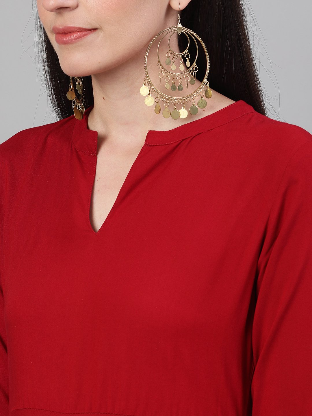 Women Maroon Block Printed Viscose Rayon Maxi Dress With Pockets | LASVINI - Redefining Indian Fashion with Elegance