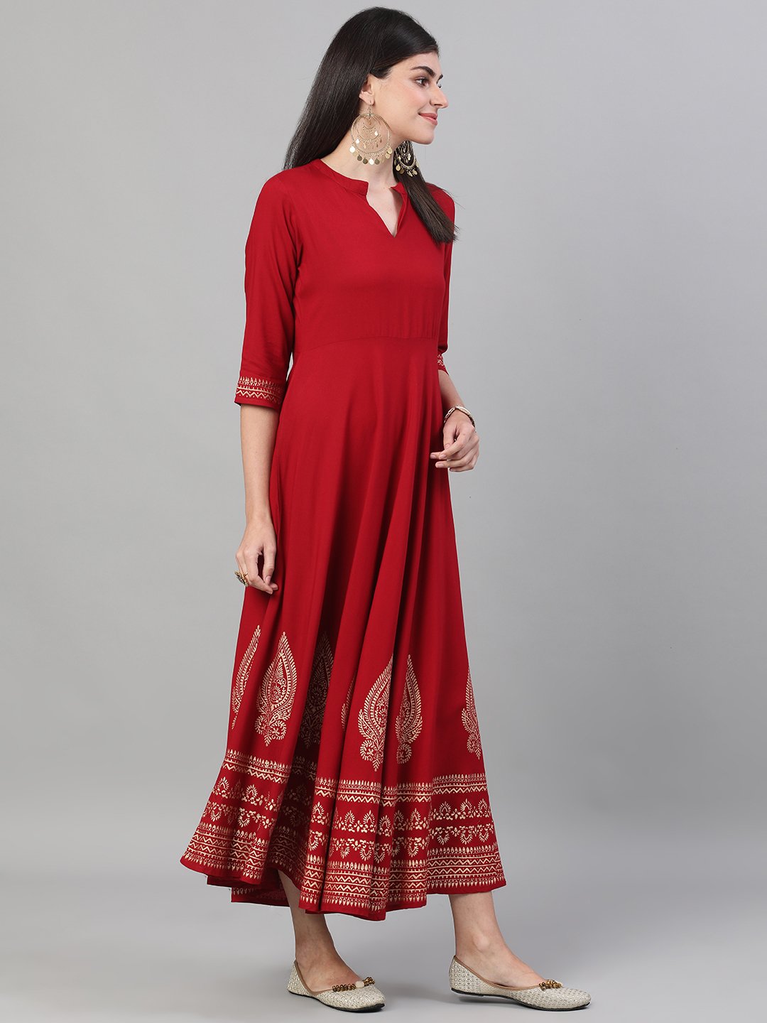 Women Maroon Block Printed Viscose Rayon Maxi Dress With Pockets | LASVINI - Redefining Indian Fashion with Elegance