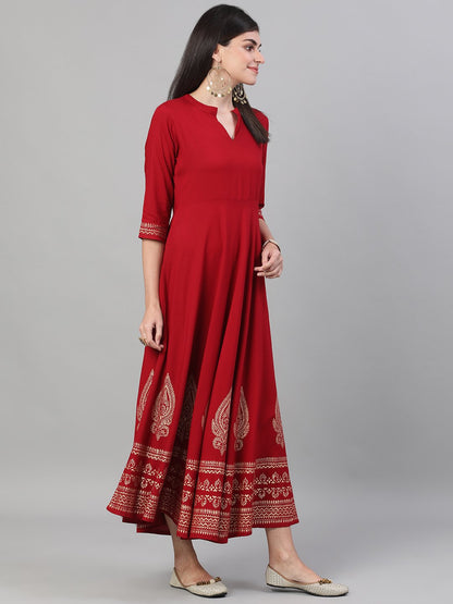 Women Maroon Block Printed Viscose Rayon Maxi Dress With Pockets | LASVINI - Redefining Indian Fashion with Elegance
