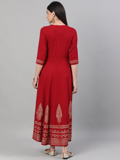 Women Maroon Block Printed Viscose Rayon Maxi Dress With Pockets | LASVINI - Redefining Indian Fashion with Elegance