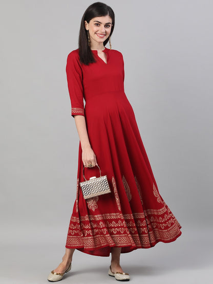 Women Maroon Block Printed Viscose Rayon Maxi Dress With Pockets | LASVINI - Redefining Indian Fashion with Elegance