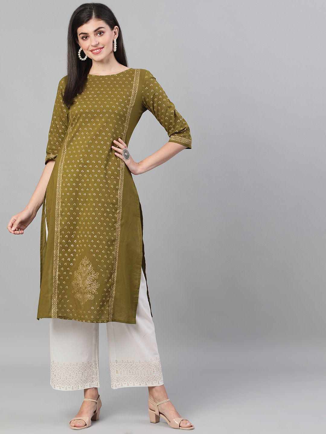 Women Blue Calf Length Three-Quarter Sleeves Straight Ethnic Motif Printed Cotton Kurta Set With Pockets | LASVINI - Redefining Indian Fashion with Elegance