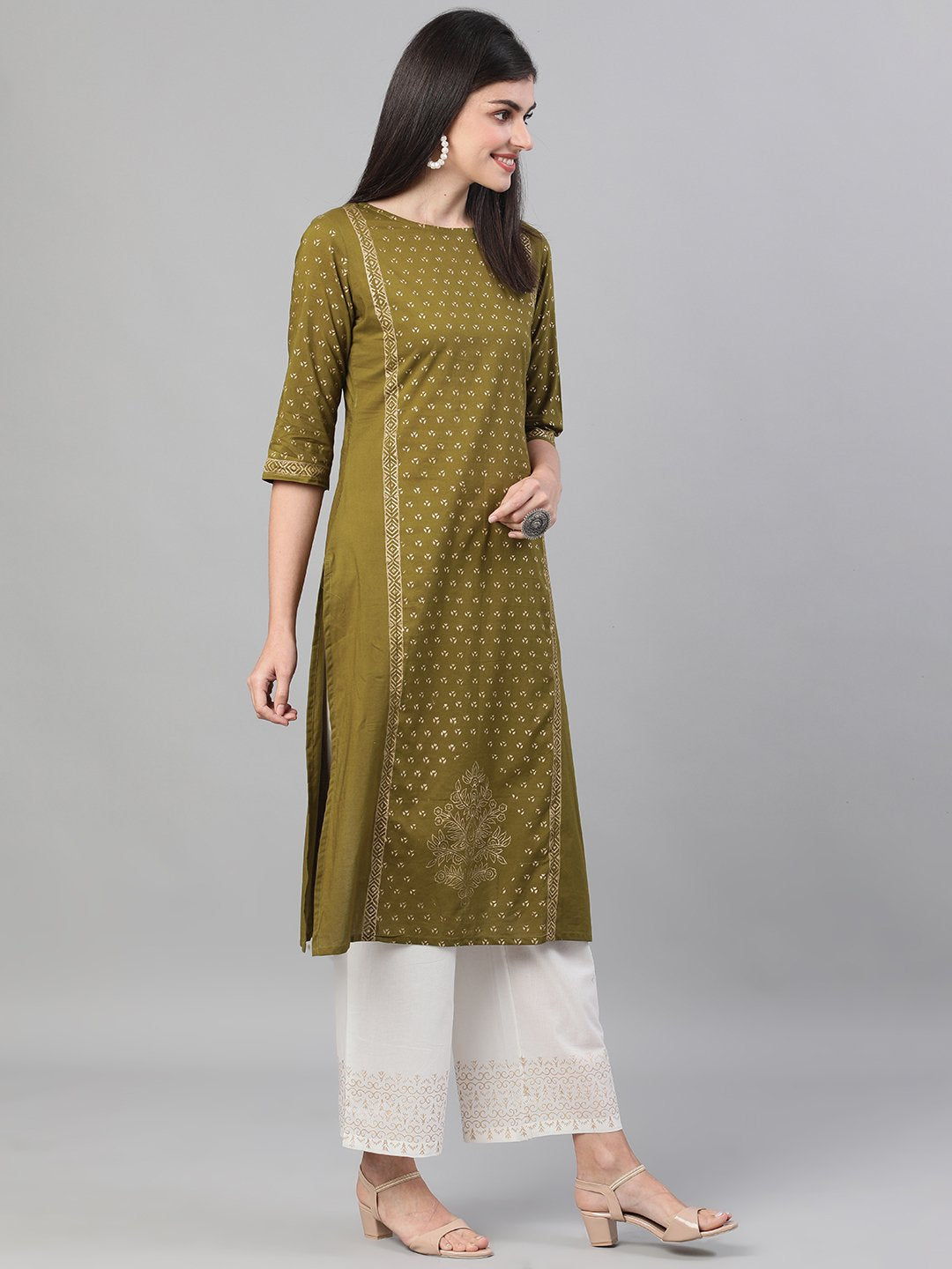 Women Blue Calf Length Three-Quarter Sleeves Straight Ethnic Motif Printed Cotton Kurta Set With Pockets | LASVINI - Redefining Indian Fashion with Elegance