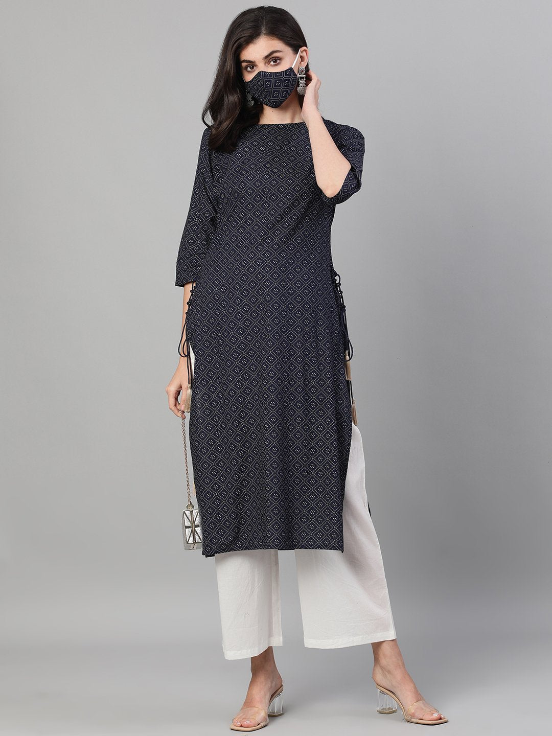 Women Maroon Calf Length Three-Quarter Sleeves Straight Ethnic Motif Printed Cotton Kurta With Pockets And Face Mask | LASVINI - Redefining Indian Fashion with Elegance