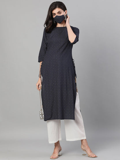 Women Maroon Calf Length Three-Quarter Sleeves Straight Ethnic Motif Printed Cotton Kurta With Pockets And Face Mask | LASVINI - Redefining Indian Fashion with Elegance