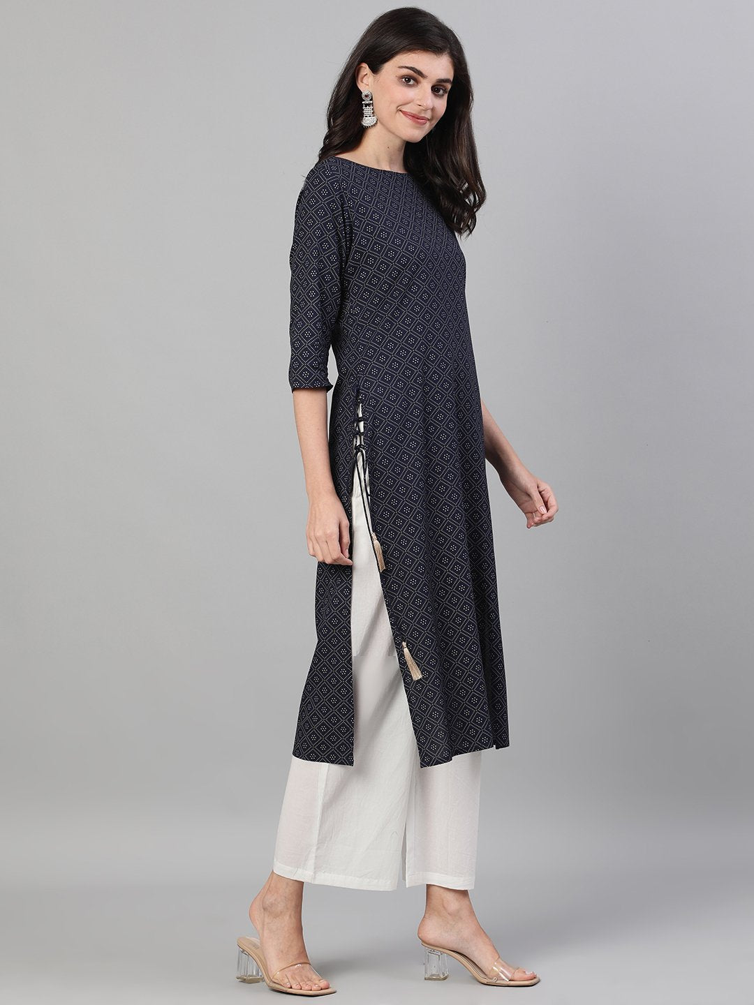 Women Maroon Calf Length Three-Quarter Sleeves Straight Ethnic Motif Printed Cotton Kurta With Pockets And Face Mask | LASVINI - Redefining Indian Fashion with Elegance