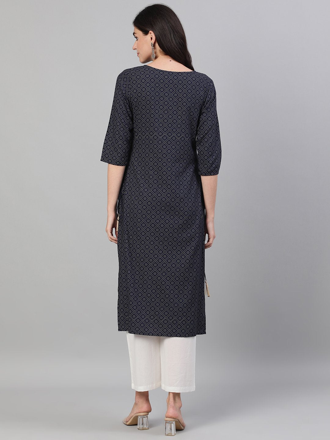 Women Maroon Calf Length Three-Quarter Sleeves Straight Ethnic Motif Printed Cotton Kurta With Pockets And Face Mask | LASVINI - Redefining Indian Fashion with Elegance