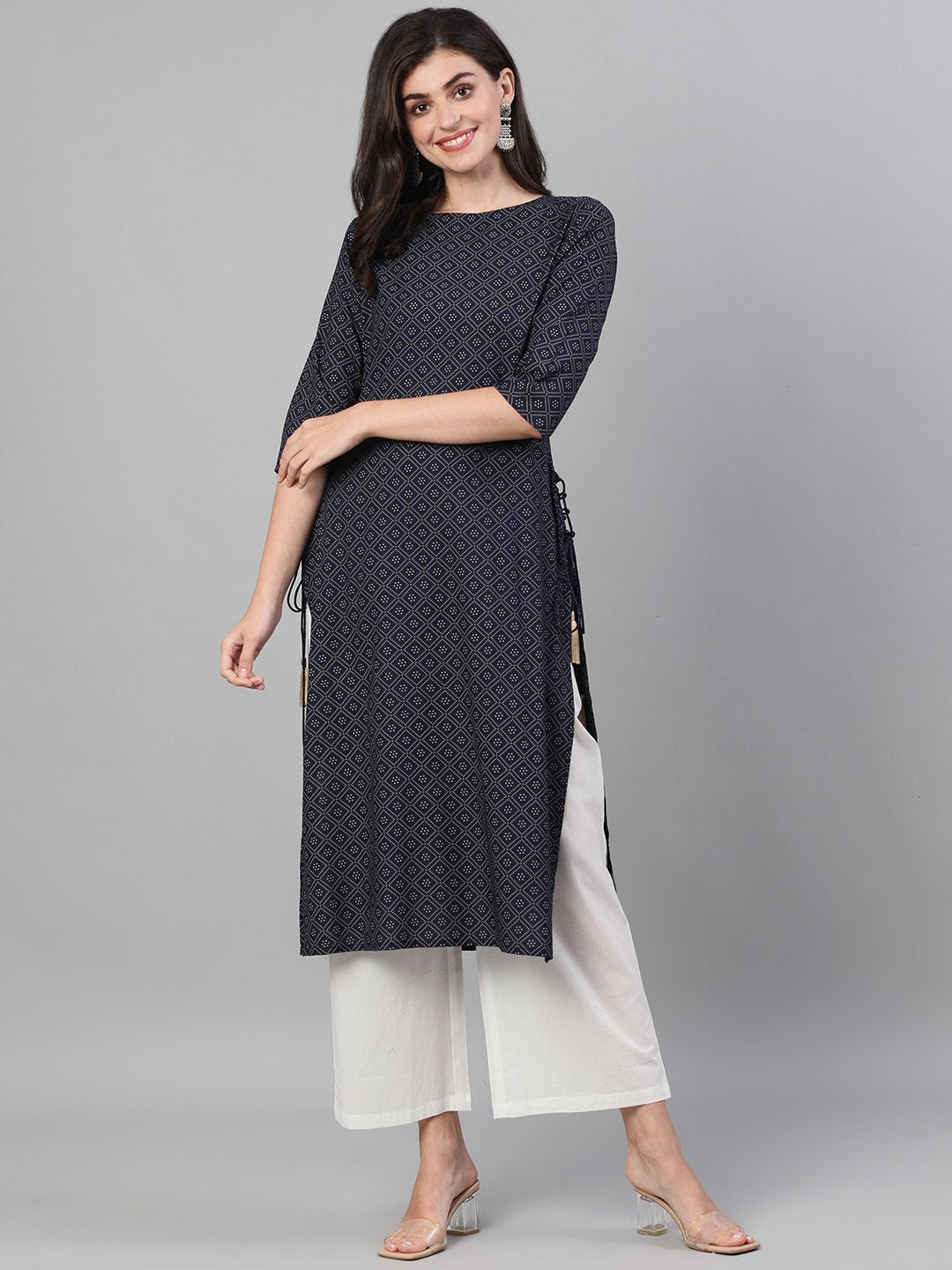 Women Maroon Calf Length Three-Quarter Sleeves Straight Ethnic Motif Printed Cotton Kurta With Pockets And Face Mask | LASVINI - Redefining Indian Fashion with Elegance