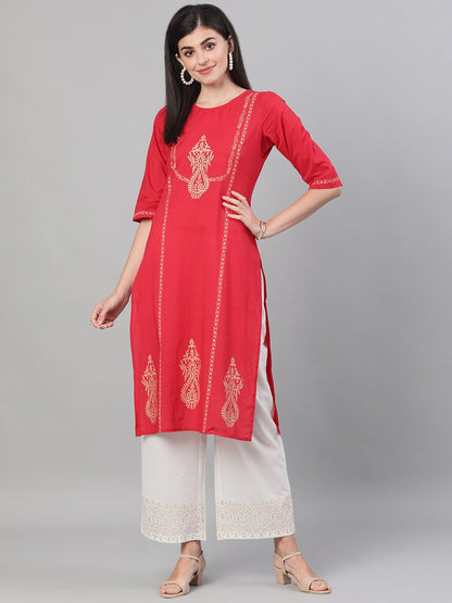 Women Red And White Three-Quarter Sleeves Block Printed Straight Kurta With Palazzo And Pockets | LASVINI - Redefining Indian Fashion with Elegance