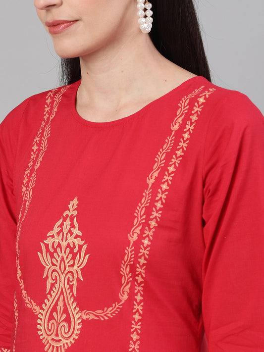 Women Red And White Three-Quarter Sleeves Block Printed Straight Kurta With Palazzo And Pockets | LASVINI - Redefining Indian Fashion with Elegance