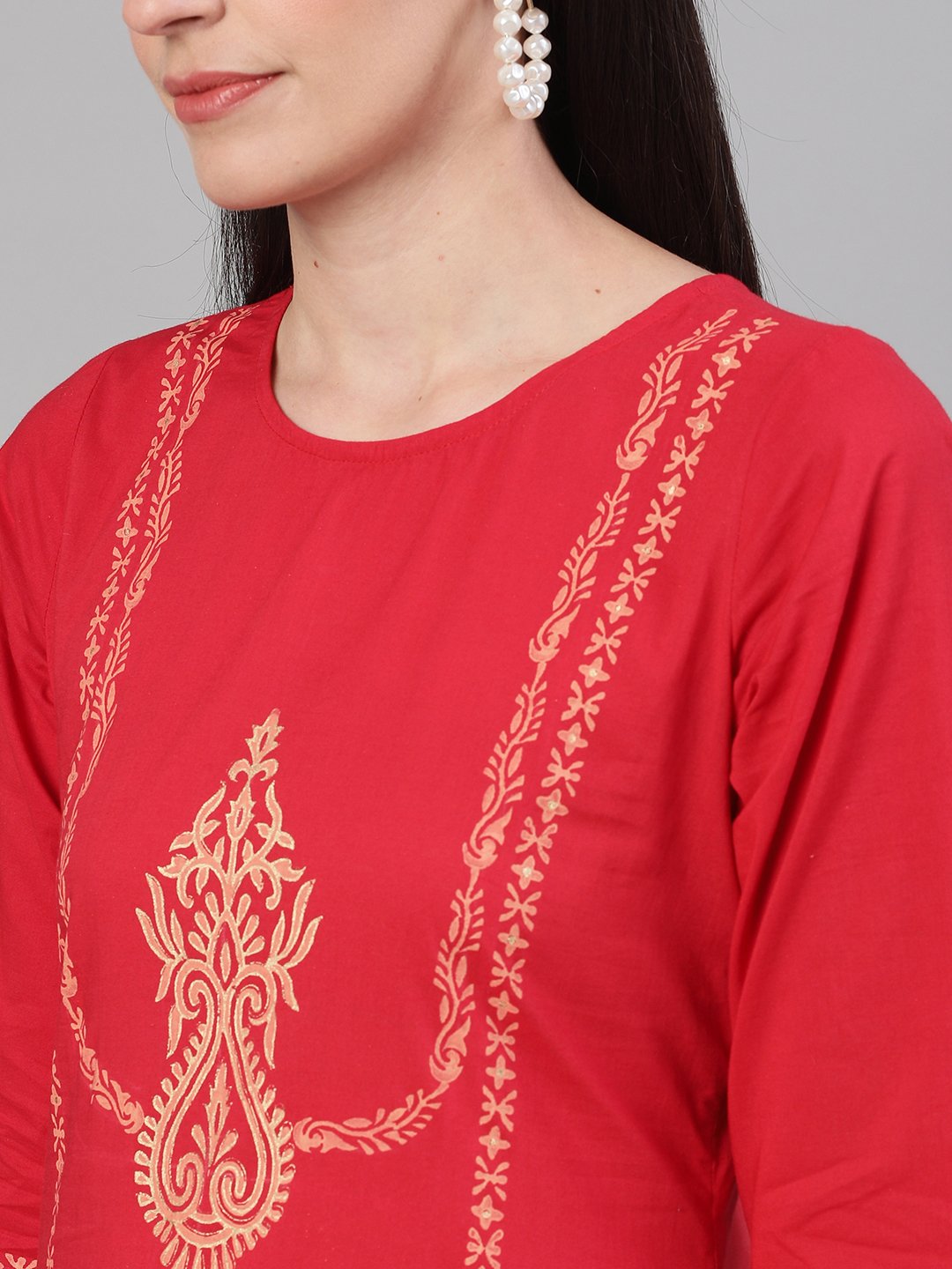 Women Red And White Three-Quarter Sleeves Block Printed Straight Kurta With Palazzo And Pockets | LASVINI - Redefining Indian Fashion with Elegance