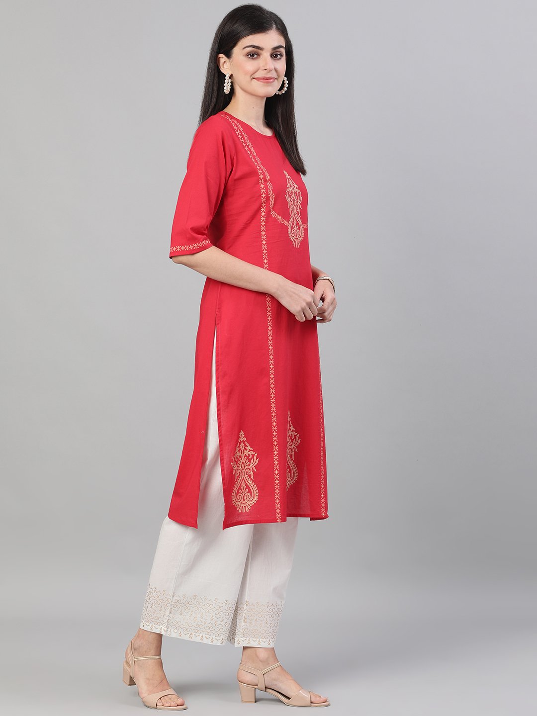 Women Red And White Three-Quarter Sleeves Block Printed Straight Kurta With Palazzo And Pockets | LASVINI - Redefining Indian Fashion with Elegance
