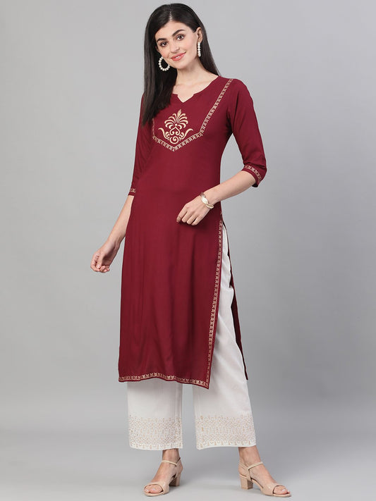 Women Burgundy And White Three-Quarter Sleeves Block Printed Straight Kurta With Palazzo And Pockets | LASVINI - Redefining Indian Fashion with Elegance