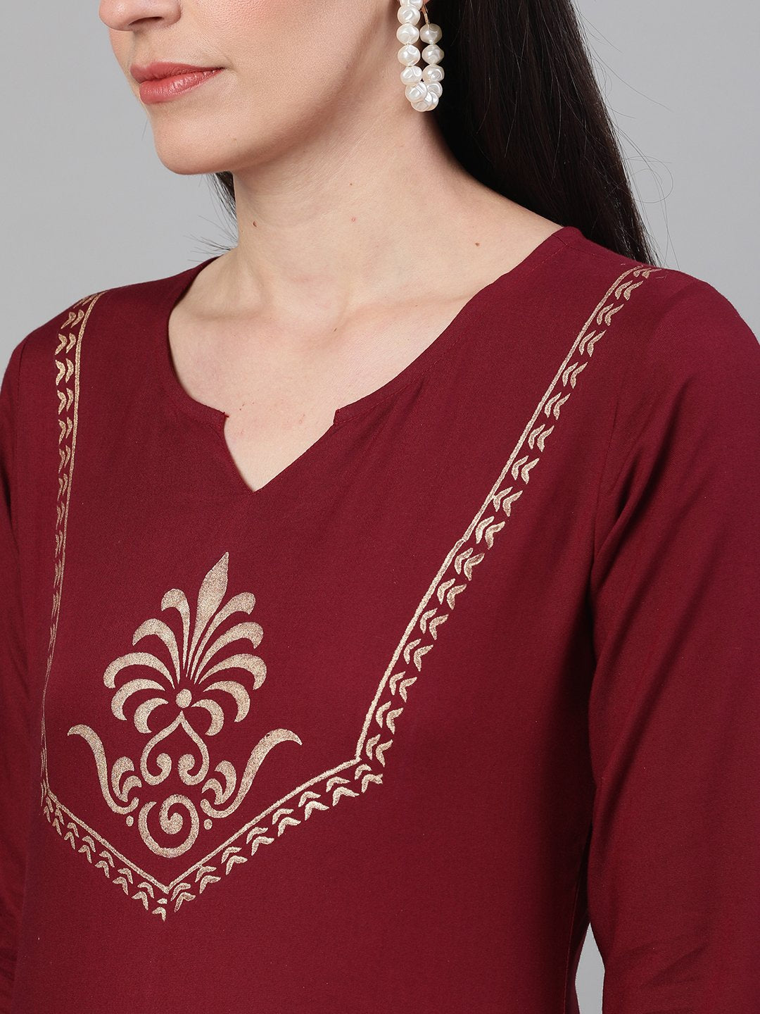 Women Burgundy And White Three-Quarter Sleeves Block Printed Straight Kurta With Palazzo And Pockets | LASVINI - Redefining Indian Fashion with Elegance