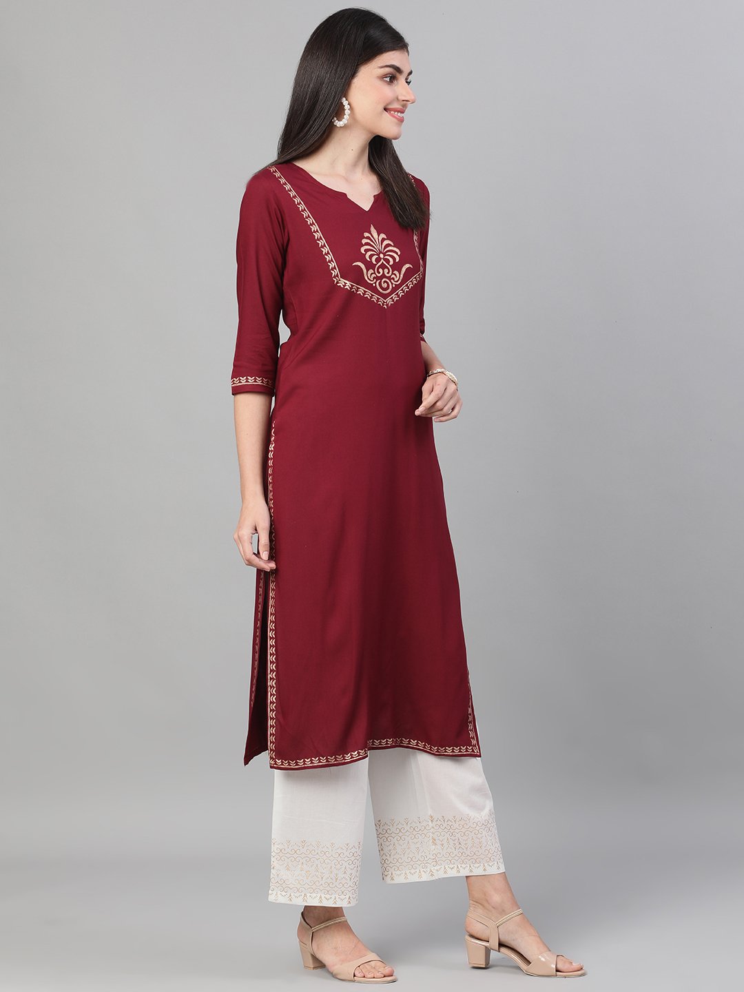 Women Burgundy And White Three-Quarter Sleeves Block Printed Straight Kurta With Palazzo And Pockets | LASVINI - Redefining Indian Fashion with Elegance
