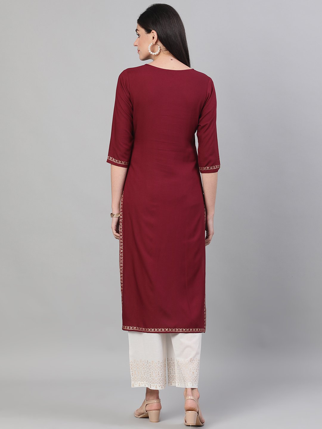 Women Burgundy And White Three-Quarter Sleeves Block Printed Straight Kurta With Palazzo And Pockets | LASVINI - Redefining Indian Fashion with Elegance
