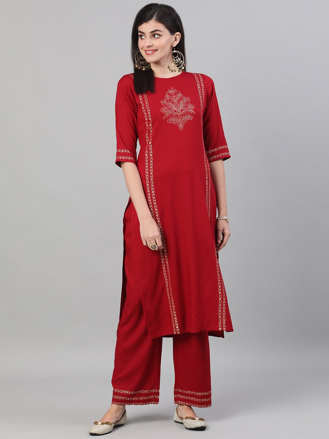 Women Maroon Three-Quarter Sleeves Block Printed Straight Kurta With Palazzo And Pockets | LASVINI - Redefining Indian Fashion with Elegance