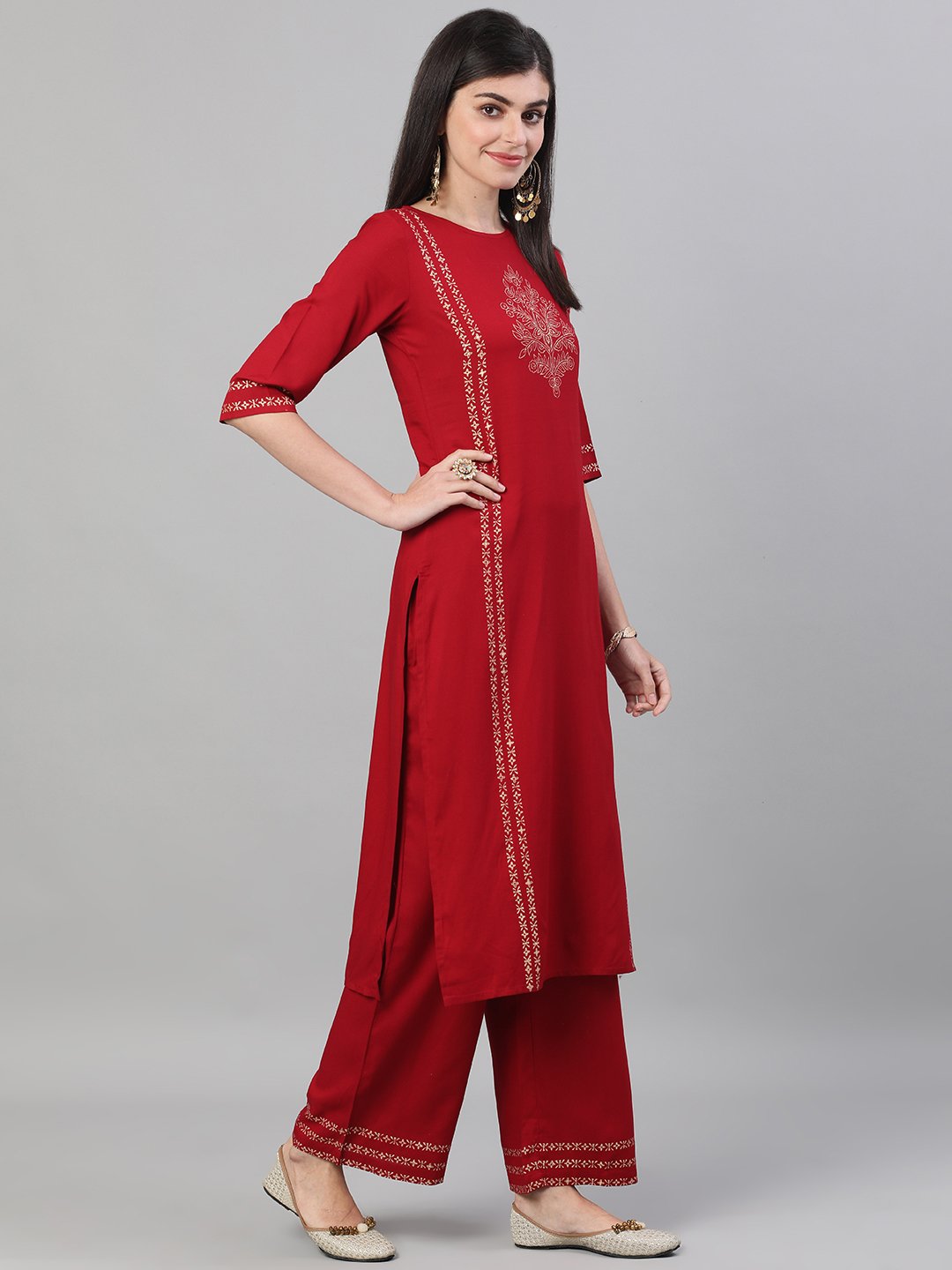 Women Maroon Three-Quarter Sleeves Block Printed Straight Kurta With Palazzo And Pockets | LASVINI - Redefining Indian Fashion with Elegance