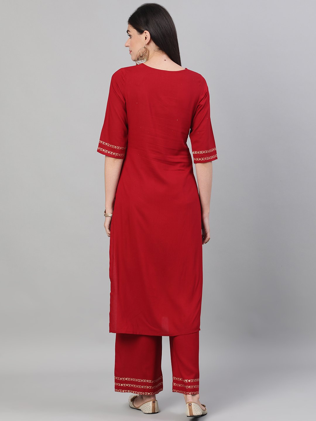 Women Maroon Three-Quarter Sleeves Block Printed Straight Kurta With Palazzo And Pockets | LASVINI - Redefining Indian Fashion with Elegance