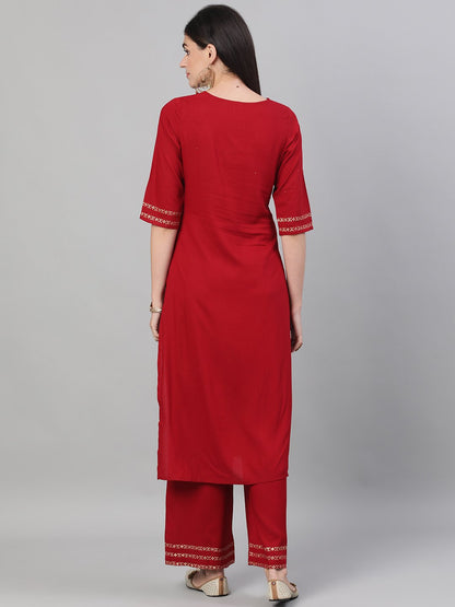 Women Maroon Three-Quarter Sleeves Block Printed Straight Kurta With Palazzo And Pockets | LASVINI - Redefining Indian Fashion with Elegance