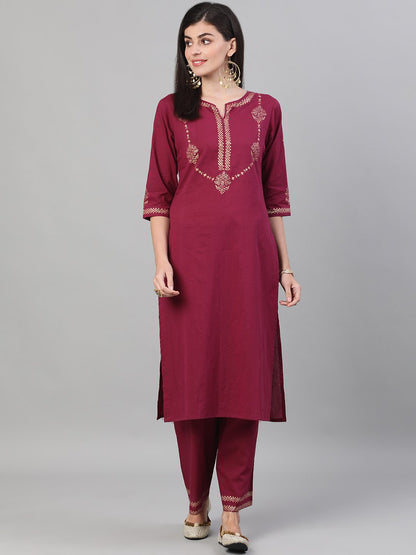 Women Wine Three-Quarter Sleeves Block Printed Straight Kurta With Palazzo And Pockets | LASVINI - Redefining Indian Fashion with Elegance