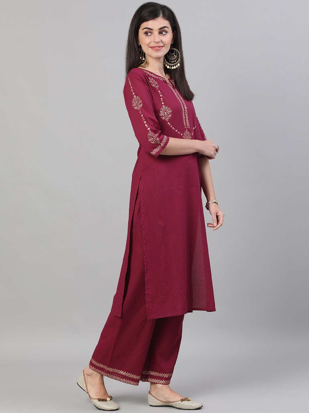 Women Wine Three-Quarter Sleeves Block Printed Straight Kurta With Palazzo And Pockets | LASVINI - Redefining Indian Fashion with Elegance