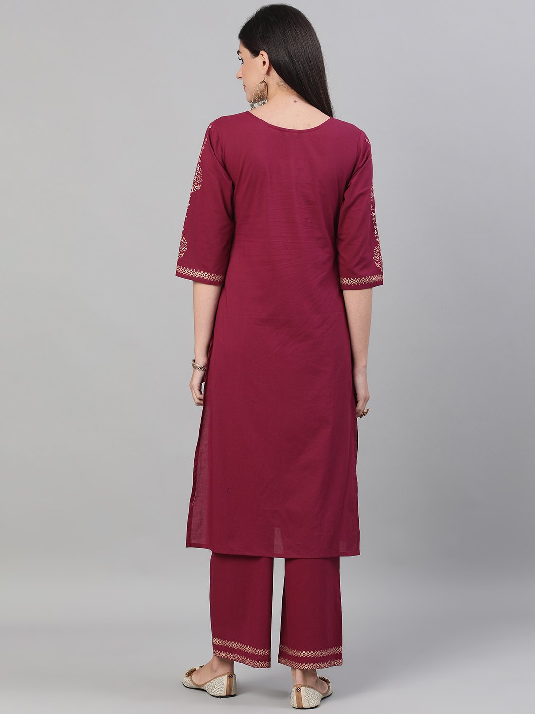 Women Wine Three-Quarter Sleeves Block Printed Straight Kurta With Palazzo And Pockets | LASVINI - Redefining Indian Fashion with Elegance