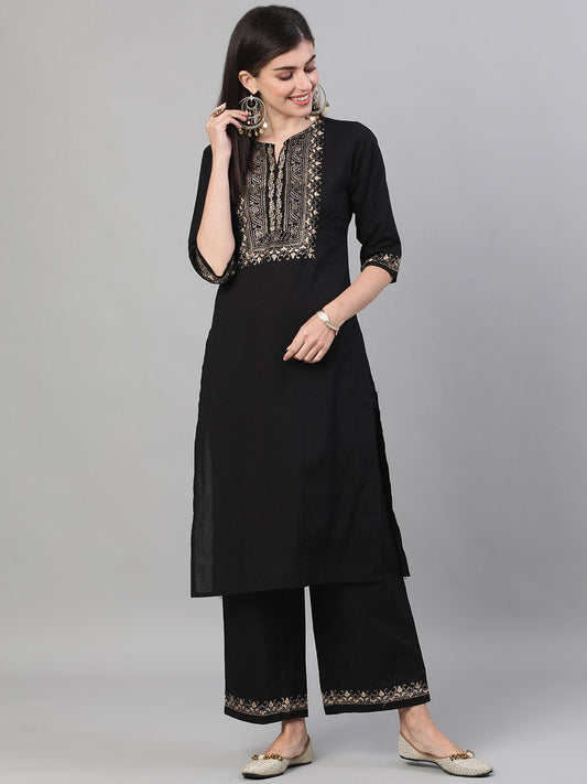 Women Black Three-Quarter Sleeves Block Printed Straight Kurta With Palazzo And Pockets | LASVINI - Redefining Indian Fashion with Elegance