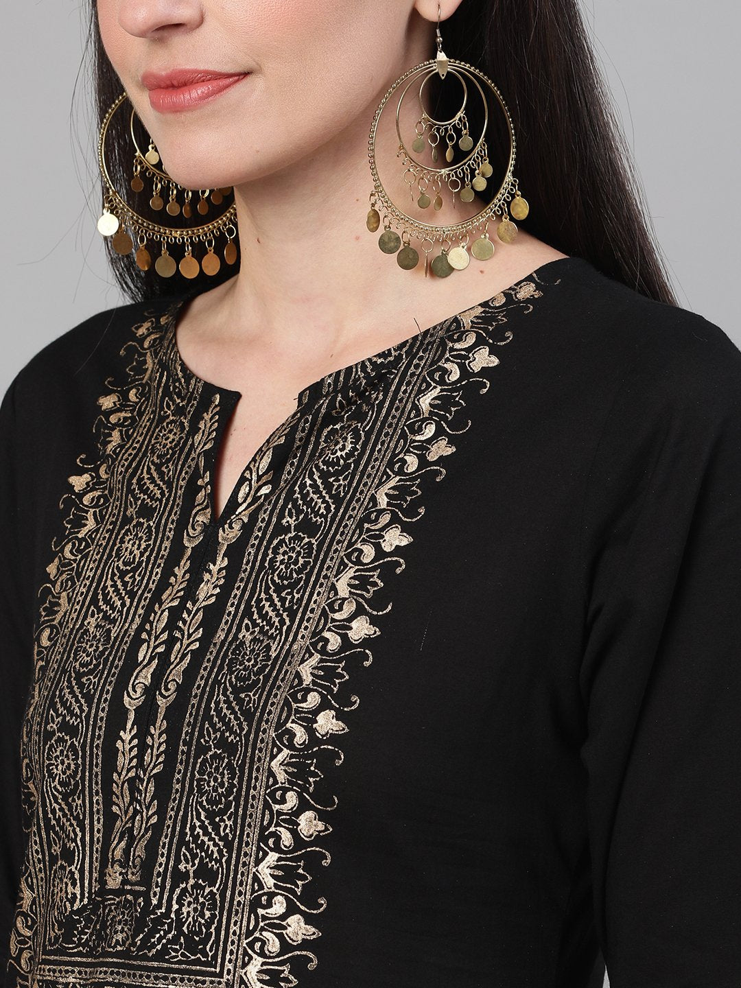 Women Black Three-Quarter Sleeves Block Printed Straight Kurta With Palazzo And Pockets | LASVINI - Redefining Indian Fashion with Elegance
