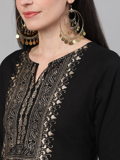 Women Black Three-Quarter Sleeves Block Printed Straight Kurta With Palazzo And Pockets | LASVINI - Redefining Indian Fashion with Elegance