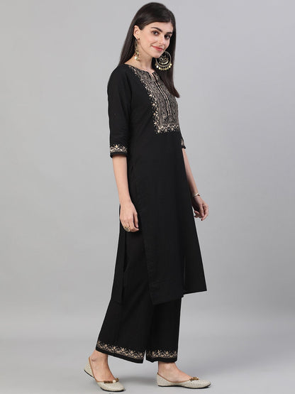 Women Black Three-Quarter Sleeves Block Printed Straight Kurta With Palazzo And Pockets | LASVINI - Redefining Indian Fashion with Elegance
