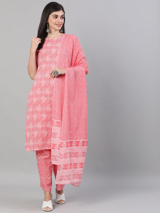 Women Pink Three-Quarter Sleeves Ethnic Motif Printed Straight Kurta-Palazzo With Pockets And Dupatta | LASVINI - Redefining Indian Fashion with Elegance