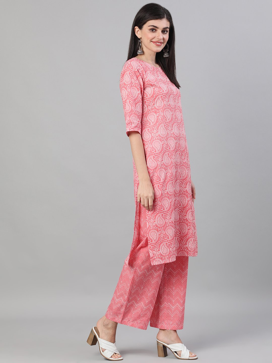 Women Pink Three-Quarter Sleeves Ethnic Motif Printed Straight Kurta-Palazzo With Pockets And Dupatta | LASVINI - Redefining Indian Fashion with Elegance
