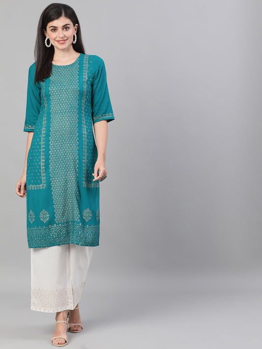 Women Rama Green And White Three-Quarter Sleeves Block Printed Straight Kurta With Palazzo And Pockets | LASVINI - Redefining Indian Fashion with Elegance