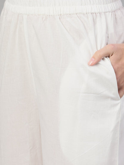 Women Rama Green And White Three-Quarter Sleeves Block Printed Straight Kurta With Palazzo And Pockets | LASVINI - Redefining Indian Fashion with Elegance