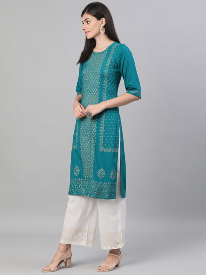 Women Rama Green And White Three-Quarter Sleeves Block Printed Straight Kurta With Palazzo And Pockets | LASVINI - Redefining Indian Fashion with Elegance