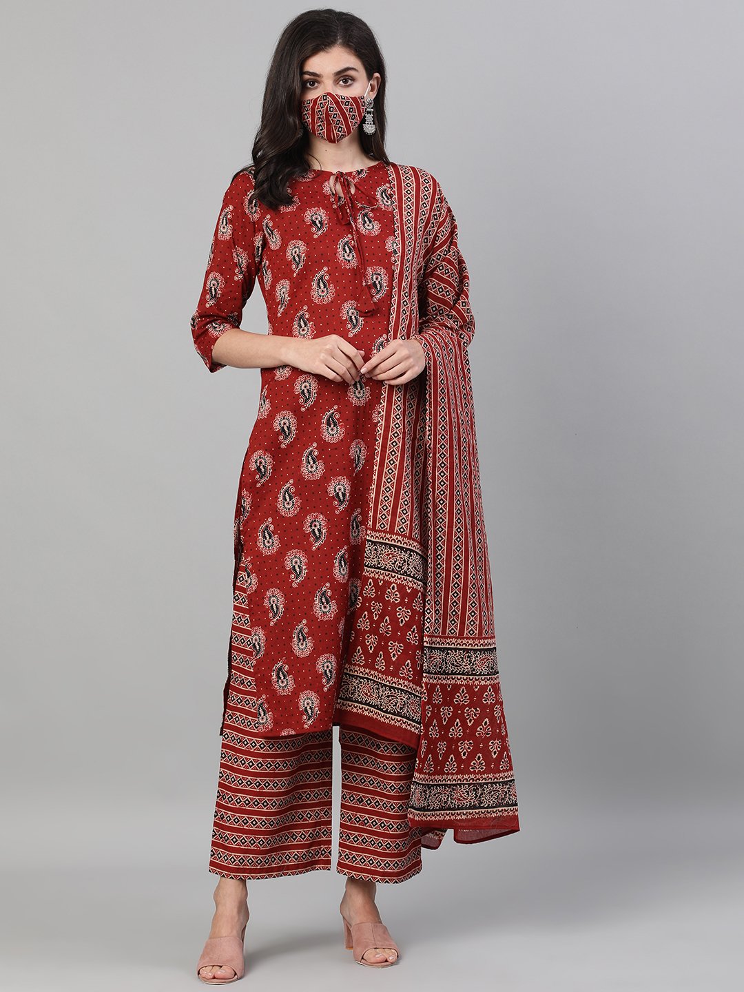 Women Maroon And Black Three-Quarter Sleeves Printed Kurta-Palazzo With Pockets Dupatta And Fask Mask | LASVINI - Redefining Indian Fashion with Elegance