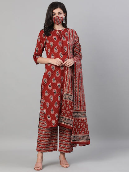 Women Maroon And Black Three-Quarter Sleeves Printed Kurta-Palazzo With Pockets Dupatta And Fask Mask | LASVINI - Redefining Indian Fashion with Elegance