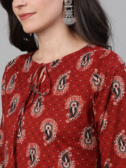 Women Maroon And Black Three-Quarter Sleeves Printed Kurta-Palazzo With Pockets Dupatta And Fask Mask | LASVINI - Redefining Indian Fashion with Elegance