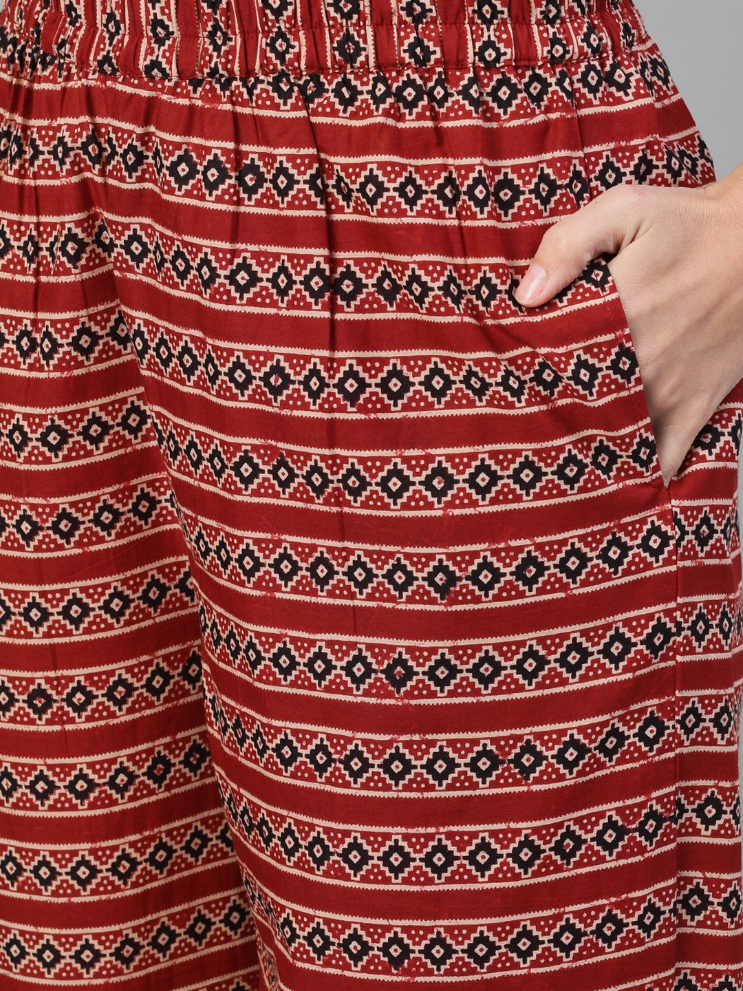 Women Maroon And Black Three-Quarter Sleeves Printed Kurta-Palazzo With Pockets Dupatta And Fask Mask | LASVINI - Redefining Indian Fashion with Elegance