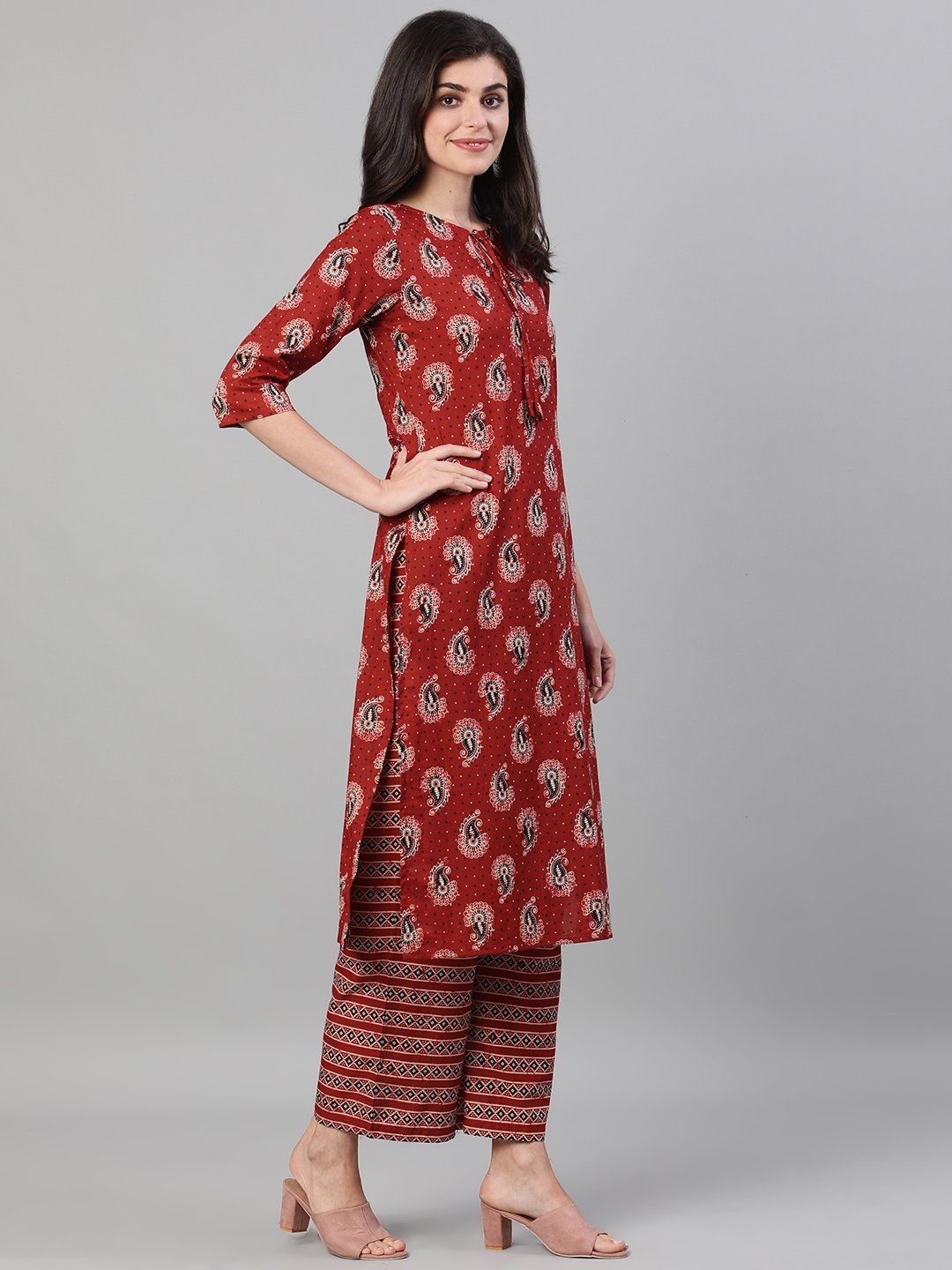 Women Maroon And Black Three-Quarter Sleeves Printed Kurta-Palazzo With Pockets Dupatta And Fask Mask | LASVINI - Redefining Indian Fashion with Elegance