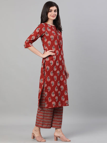 Women Maroon And Black Three-Quarter Sleeves Printed Kurta-Palazzo With Pockets Dupatta And Fask Mask | LASVINI - Redefining Indian Fashion with Elegance